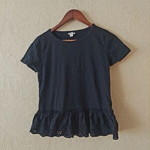 J. Crew Factory Cotton Scallop Eyelet Peplum Tee M1274 Black Sz XS